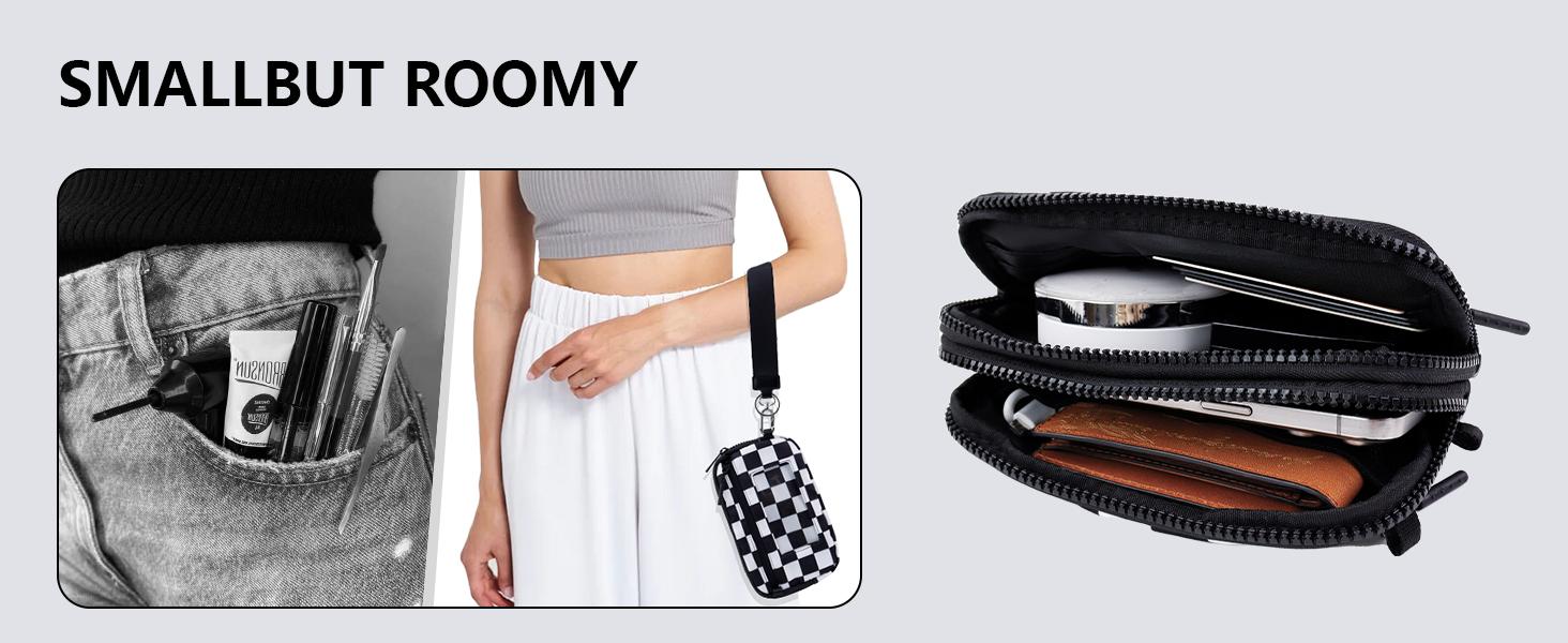 Checkered Wristlet Wallets for Women Nylon Quilted with 4 Zippers Travel Credit Card Holder Cell Phone Organizer Coin Purse Crossbody Key Bag with ID Window RFID Blocking Compact Pouch