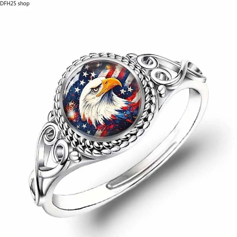 Vintage American Eagle Flag Statement Ring, Patriotic Bald Eagle Print Adjustable Band, Boho Retro Animal Jewelry for Daily Wear, Independence Day Gift for Women & Men