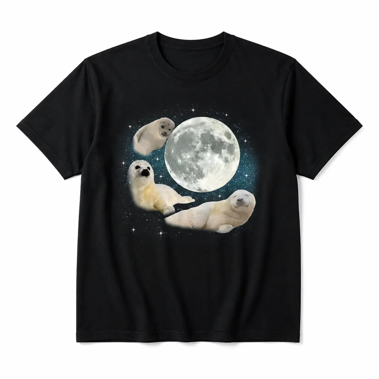 Three Cute Baby Seals Moon  3 Seal Funny Weird Cursed Meme T-Shirt Women Unisex Men S Cotton Short Sleeve T-Shirt, Perfect For Summer Adventures, 100% Soft Fabric, Ideal For Sports, Work, And Relaxation