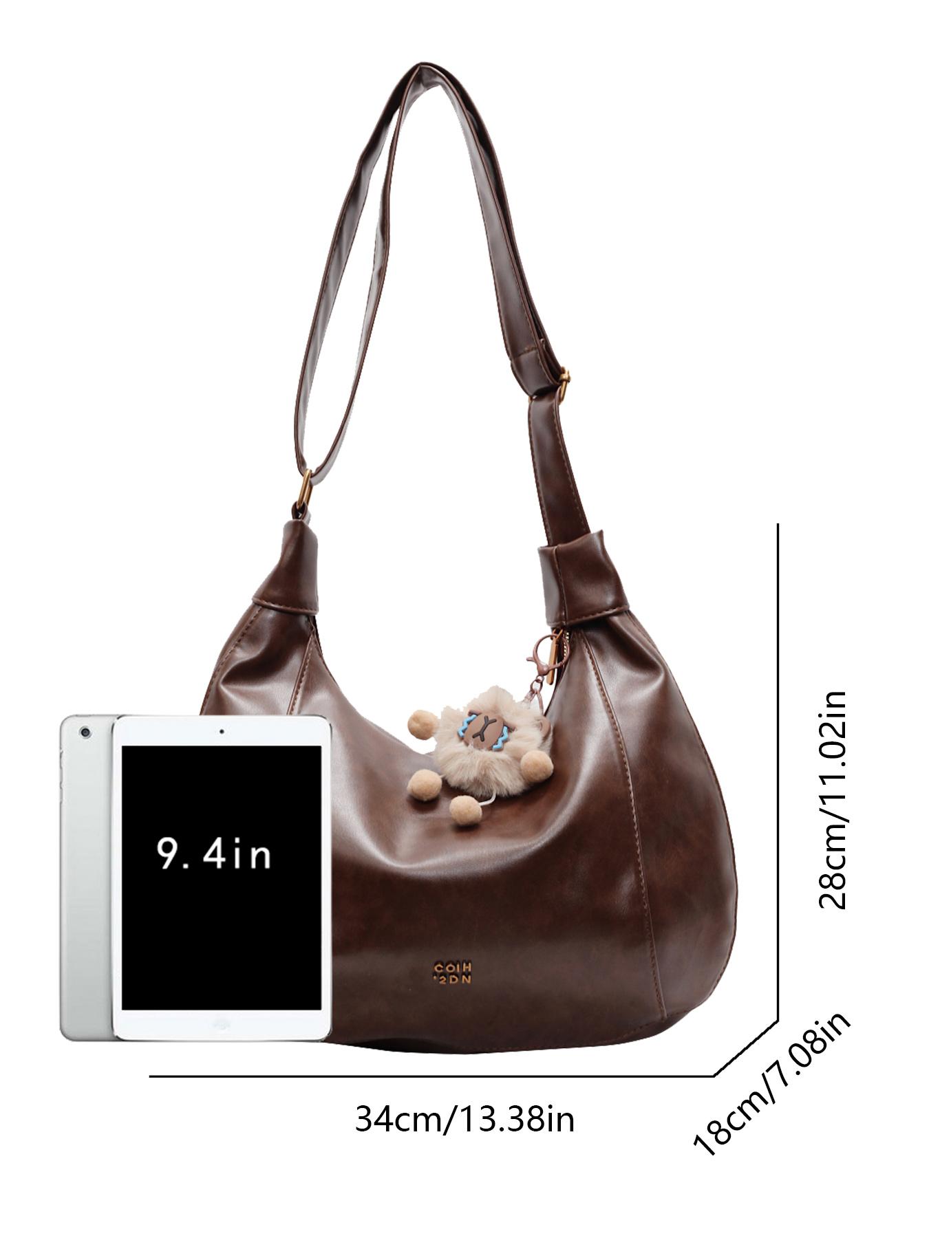 Simple retro distressed shoulder handbag, cute plush pendant shoulder bag, personalized creative crescent bag, casual and fashionable all-match large bag, PU, Pu Tote Satchel, niche design suitable for daily commuting, shopping, etc., Trendy Vintage Bag