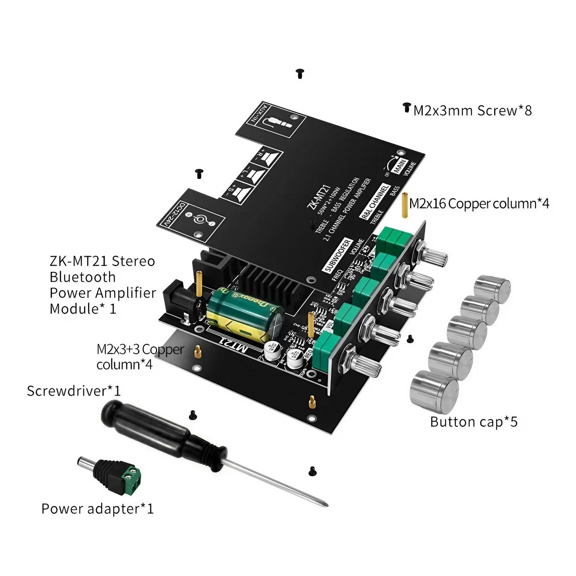 BT Amplifier Board,50W+50W+100W 2.1 Channel Subwoofer Amp Board with Treble/Bass/Sub Control,DC 9-24V, Bluetooth and AUX Inputs, DIY Wireless Speakers AMP Board