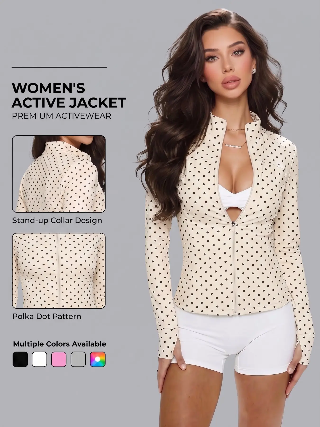 Women’s Fitted Zip-Up Jacket, Long Sleeve Mock Neck, Plain Surface, Slim-Fit Outerwear for All Seasons, Casual Activewear for Gym & Travel, Zipper Front Jackets