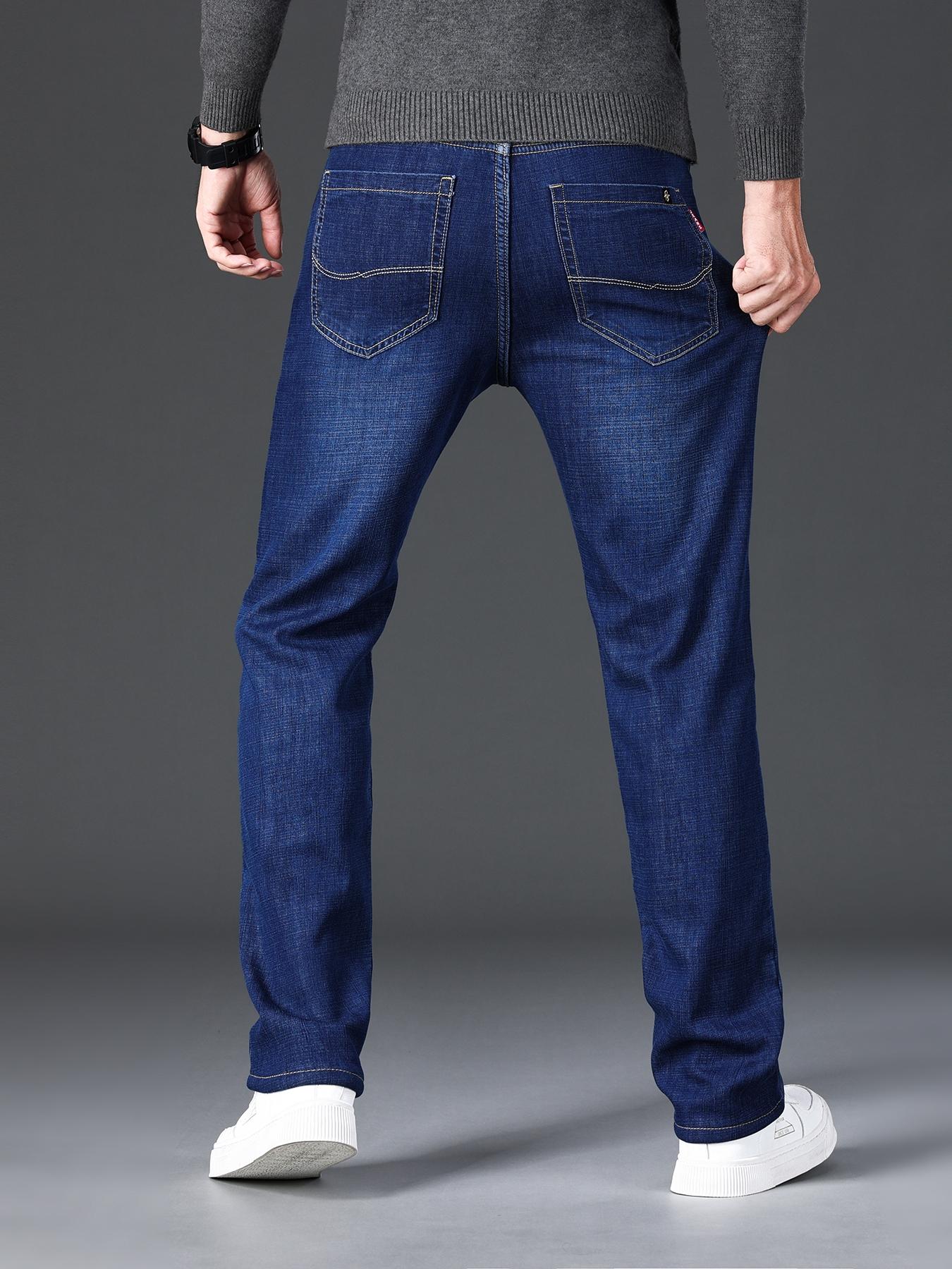 Men's Thickened Winter Fleece Jeans, Hi Rise Jeans, Loose Straight Leg High Waist Casual Elastic Pants, Warm Long Denim Trousers for Fall & Winter