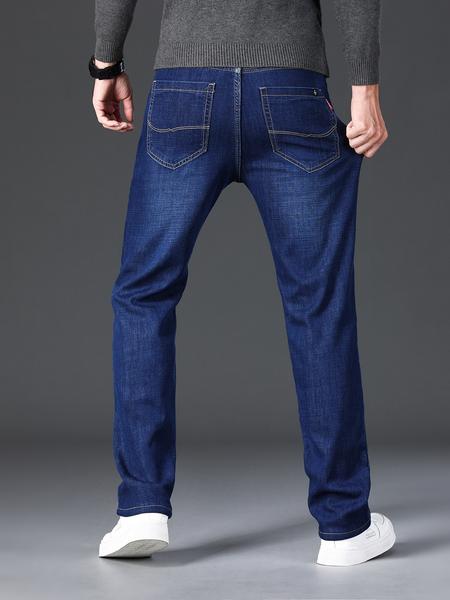 Men's Thickened Winter Fleece Jeans, Hi Rise Jeans, Loose Straight Leg High Waist Casual Elastic Pants, Warm Long Denim Trousers for Fall & Winter