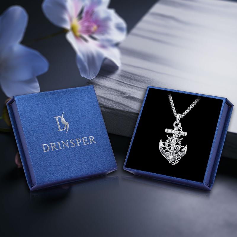 DRINSPER 925 Sterling Silver Anchor Detail Pendant Necklace for Men & Women, Elegant All-match Fashion Accessories for Daily Wear, Exquisite Silver jewelry Gift for Graduation Father's Day Birthday
