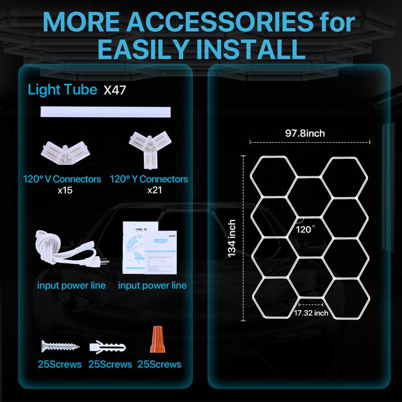 HYPERLITE DIY Hexagonal Ceiling Light, Honeycomb Ceiling Light,Ultra Bright 3960 Lumens-54780 Lumens Honeycomb Lights,（Dimmable） Hexagonal Garage Lights for Shops Supermarkets Shopping Malls Car Shows Basements Gymnasiums, Jumpstart newyear