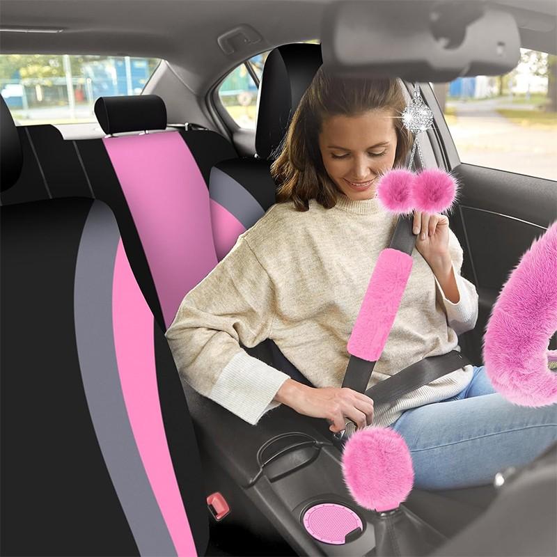 45pcs Car Seat Covers & Interior Accessories Set: Thin Polyester Five-Seat Car Seat Covers, Plush Steering Wheel Cover, Shoulder Pads, Gear Shift Knob Cover, Rearview Mirror Ornaments, Cup Pads, Tire Valve Caps, Stitching Trim Strips.