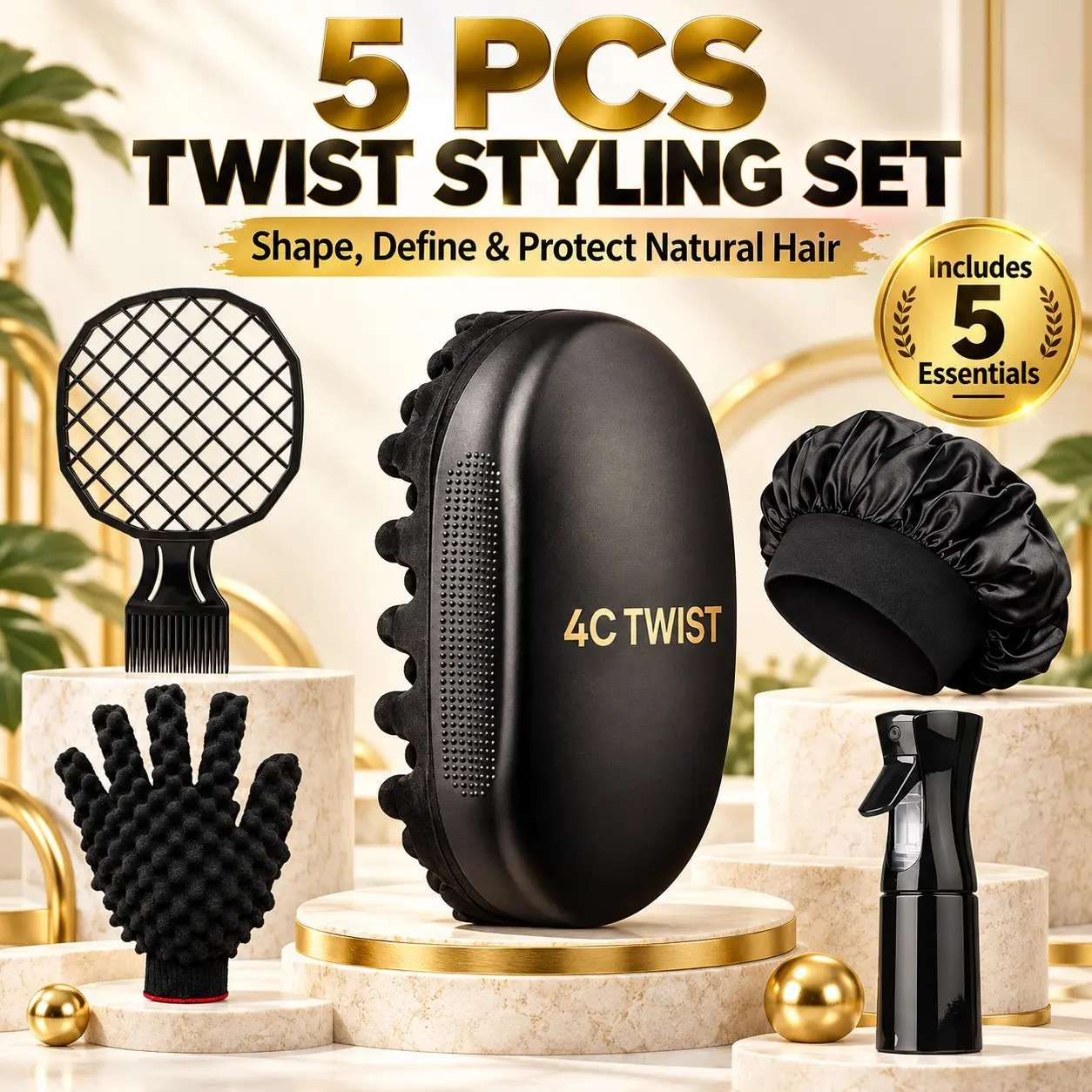 5PCS Hair Twist Styling Kit for Black Men & Women, Short Afro Hair & 4C Natural Coily Hair, Easy DIY Twist & Curl Definition, Twist Sponge Brush, Twist Glove, Grid Hair Comb, Fine Mist Spray Bottle & Satin Bonnet for Daily Hair Styling