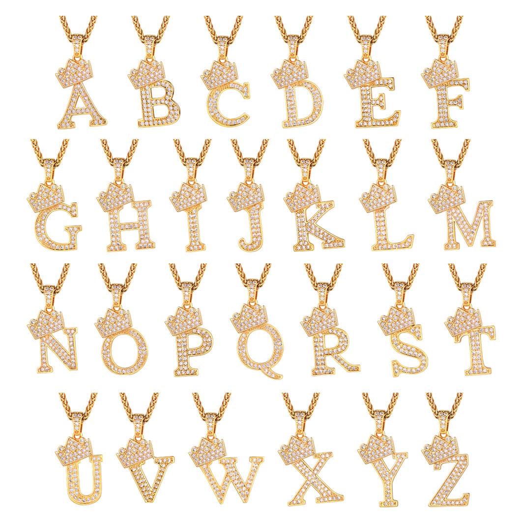 FindChic Crown Initial Necklace 26 Bling Letters A-Z Pendant Cubic Zirconia Hip Hop Alphabet Name Jewelry Unisex For Women Men