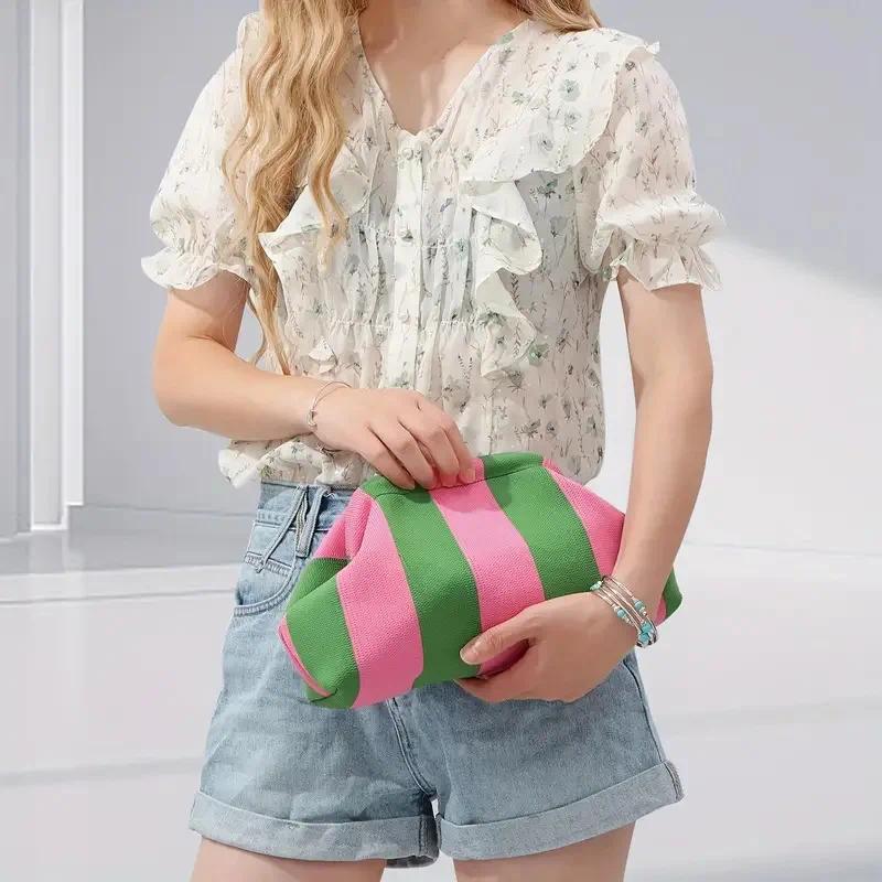 Women's Striped Woven Clutch Purse, Lightweight Compact Polyester Bag with Ruched Dumpling Design for Casual Wear, Stripes