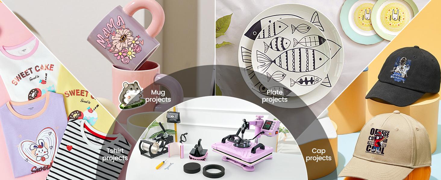 AKEYDIY Purple Pink Heat Press Machine 5 in 1 for Tshirts, Heat Transfer Machine, 15''x12'' Heat Printing Press for Sublimation Combo with 360° Swing Away for Hat Cap Mug Plate,Christmas Gifts for DIY Lovers,Mother's Day Gifts