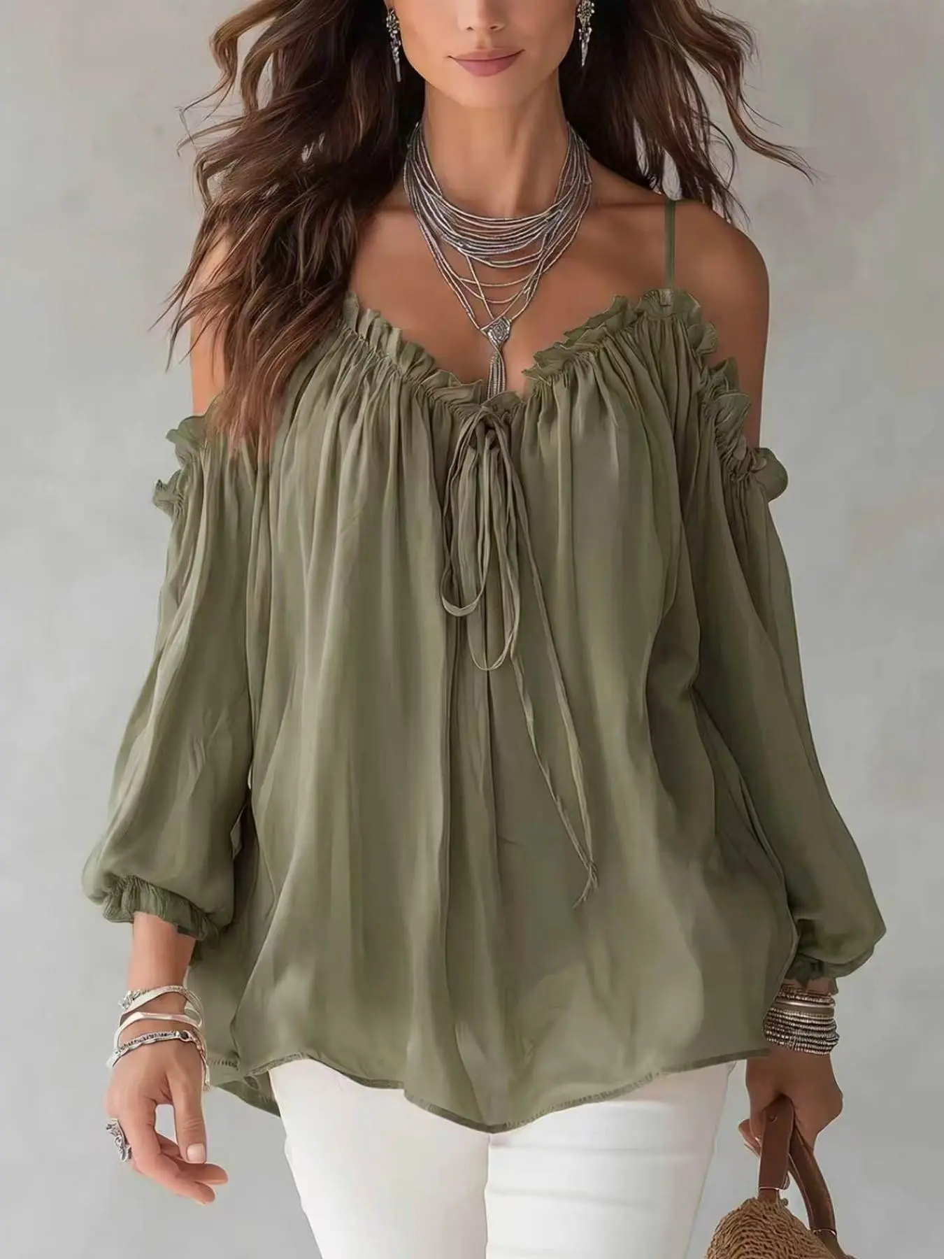 Women's Boho Chic Cold‑Shoulder Top, Thin Straps V Neck Drawstring Front, Bubble 3/4 Sleeve, Loose Fit Vacation Shirt
