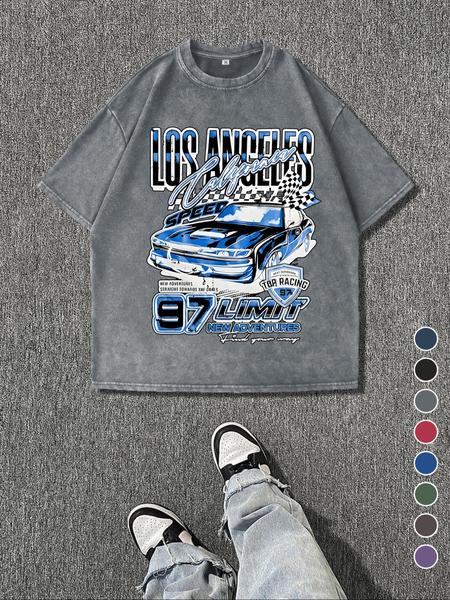 Men's Regular Fit Car Graphic Print Round Neck Tee, Vintage Trendy Casual Short Sleeve T-shirt for Daily Wear, Ladies Summer Outfit, Top