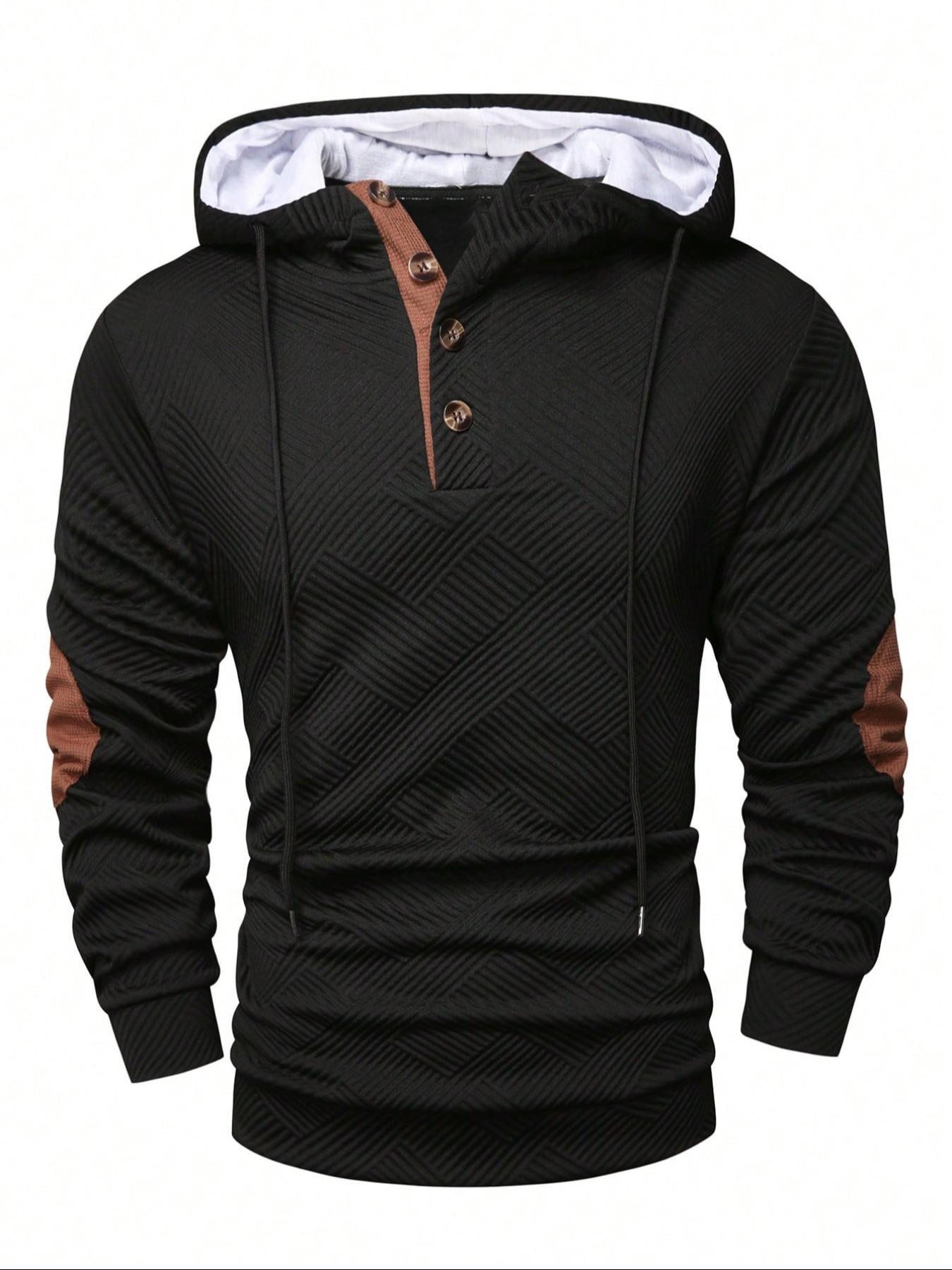 Men's solid color hoodie with texture, basic spliced color elbow patch design casual long sleeve top, men's autumn and winter hoodie, mens clothing, sports apparel, Fitted