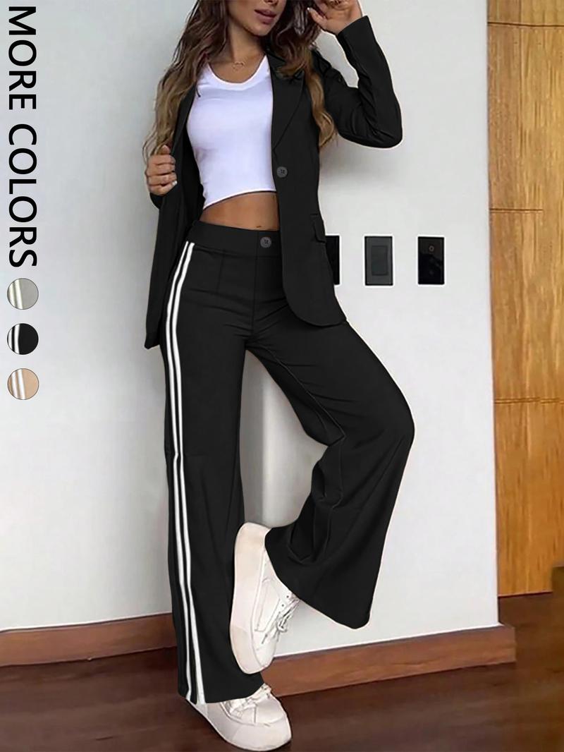 Women's Casual Suit Set, Pure Color Top + Loose Fit Long Pants, 2 Piece, Comfortable and Stylish, Perfect for Daily Wear