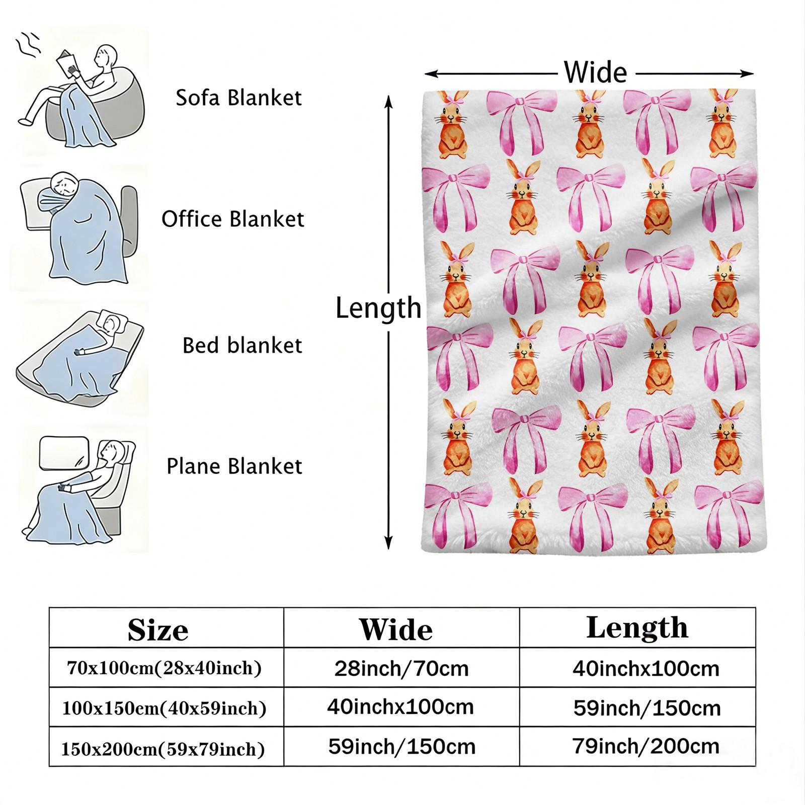 Cute Bunny & Cucumber Print Flannel Throw Blanket, Soft Warm Fleece Blanket with Pink Bow, Cozy Plush Gift Blanket for Couch Bed Sofa, Lightweight Decorative Blanket for All Seasons, Perfect Gift for Friends & Family