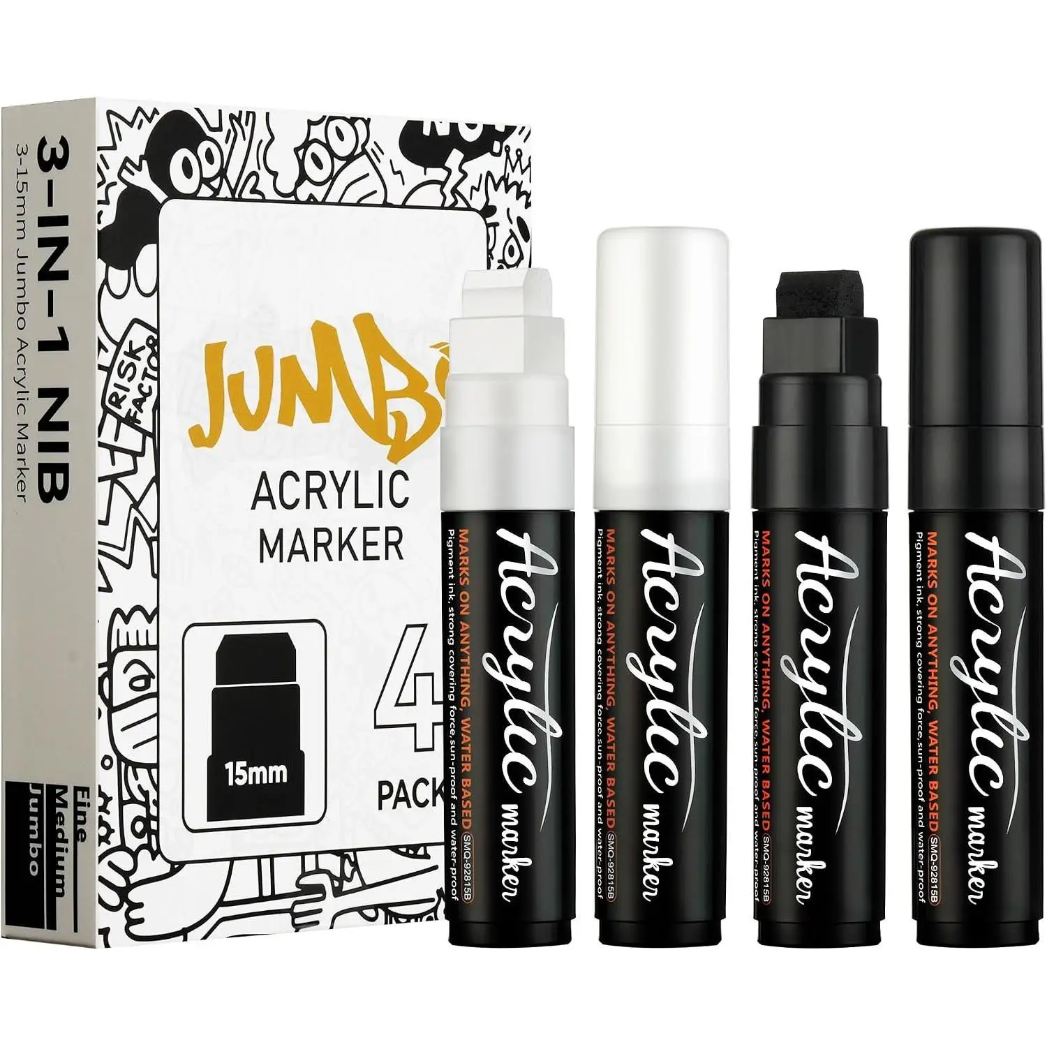 4 count  Poster Markers, 2 Black & 2 White   Markers | 15mm Wide Tip Permanent Graffiti Markers for Posters Board, Fabric, Canvas, Glass, , Rock Painting, Banner