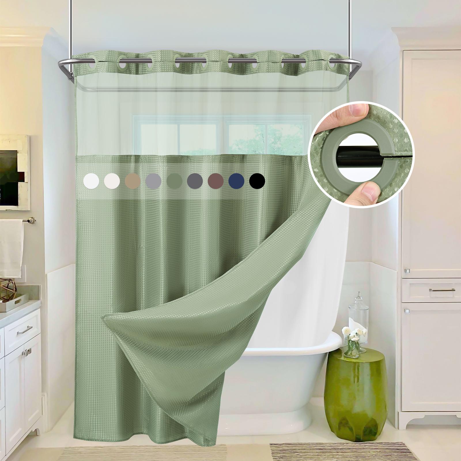 FANI Sage Green Waffle No Hook Shower Curtain with Snap in Liner Waterproof & Washable 72"W x 74"H,72''W x 84''H See Through Top Window Replacement for Bathroom
