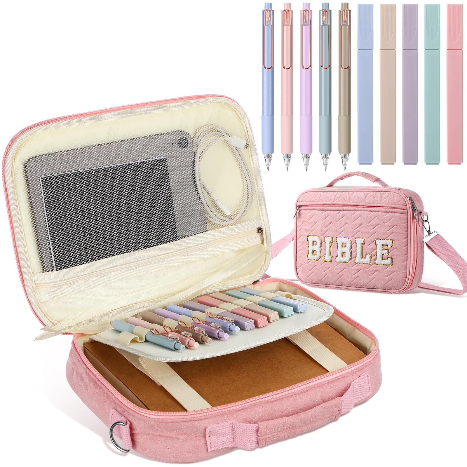 Easter Pink Bible Bag for Women Christian Gifts Church Bag with Chenille Letter and Shoulder Strap Soft Fabrics Bible Case Bible Book Cover with Highlighters Gel Pen Bible Journaling Kit for Christans Girls, Sunday Prayer Supplies