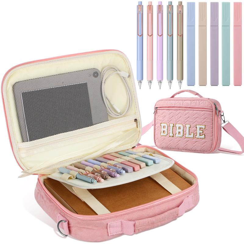Valentine's Day Gift Pink Bible Bag for Women Church Bag with Chenille Letter and Shoulder Strap Soft Fabrics Bible Case Bible Book Cover with Highlighters Gel Pen Bible Journaling Kit for Christans Girls, Sunday Prayer Supplies