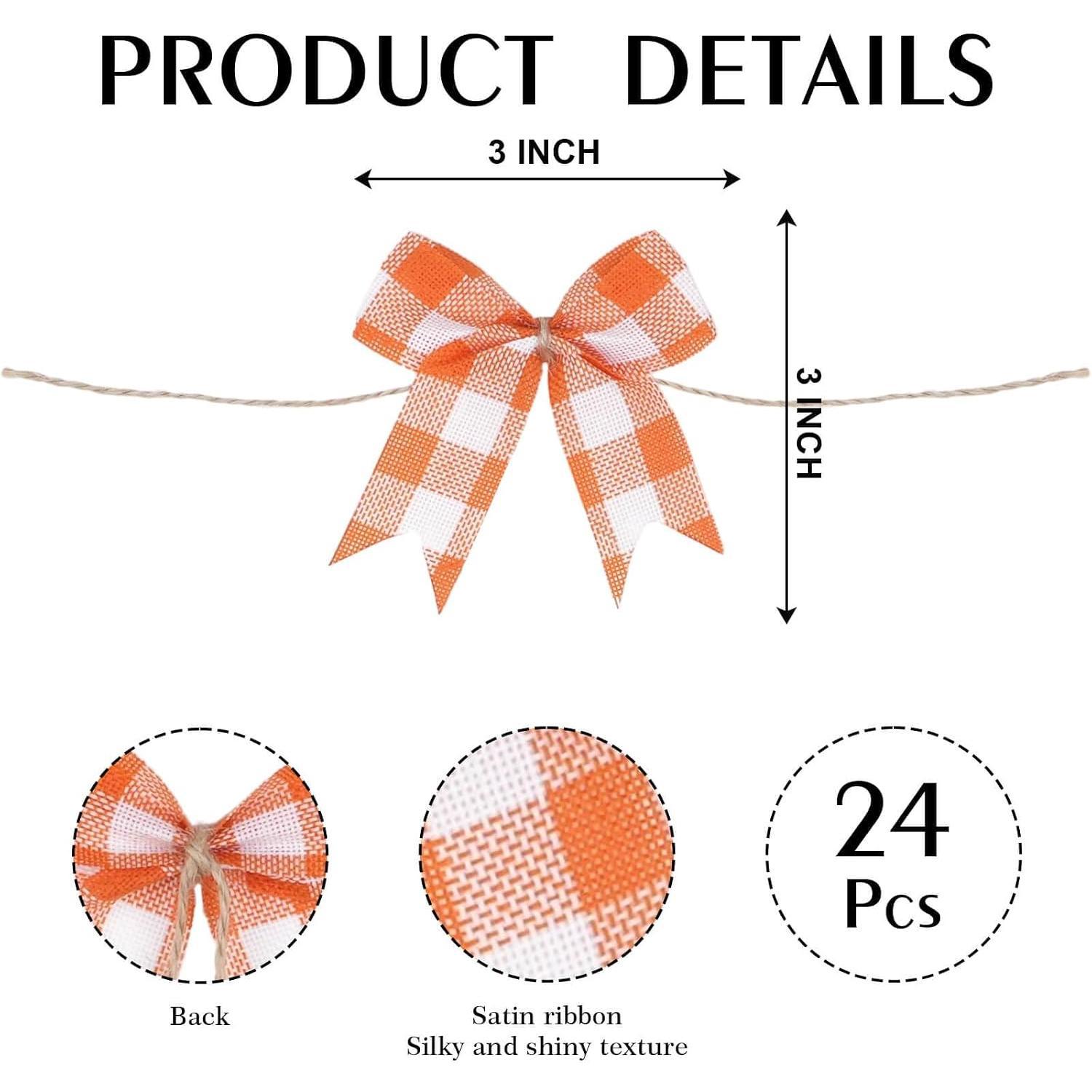 24 count Mini Orange and White Buffalo Check Bows, 3 Inch Small Pre-Tied Fall Bows with Twine Ties for Thanksgiving Wreaths, Harvest Decor and  Wrapping