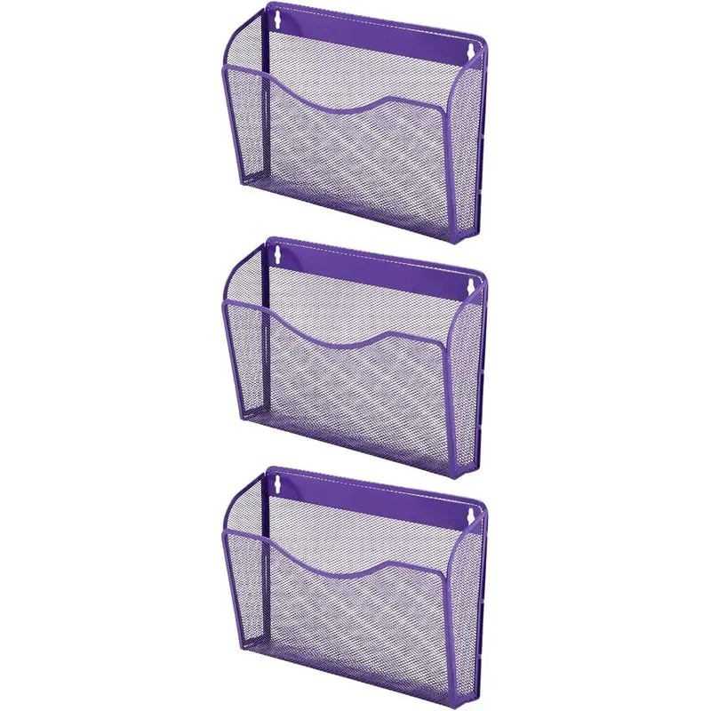 3 Single Pocket Mesh Hanging File Organizer, Vertical Wall Mounted Magazine File Holder, Mount Basket Mail Paper Document Folder Organizing for Office, Home and School, Purple