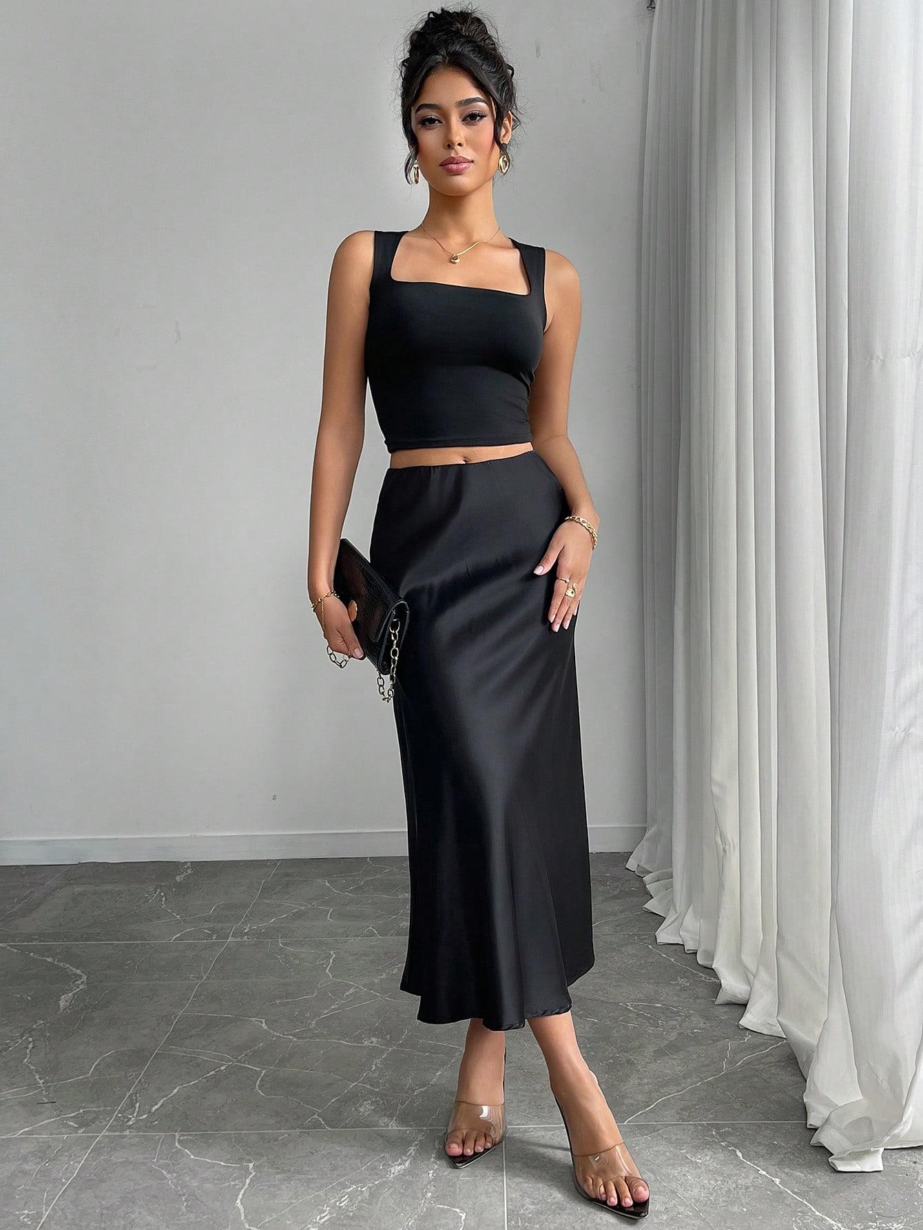 Elegant High Waist Satin Midi Formal Fashion Skirt, Spring & Fall Fashion, Slimming Solid Color Design, Women's Stylish Clothing