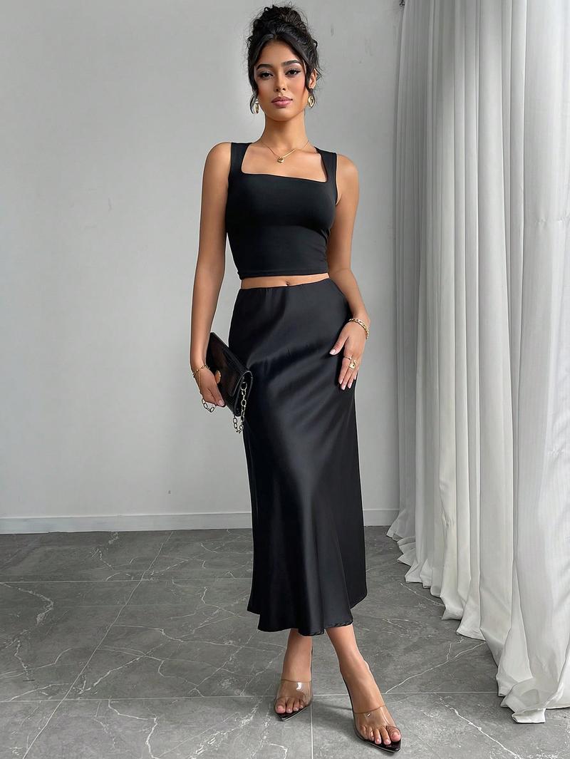 Elegant High Waist Satin Midi Formal Fashion Skirt, Spring & Fall Fashion, Slimming Solid Color Design, Women's Stylish Clothing