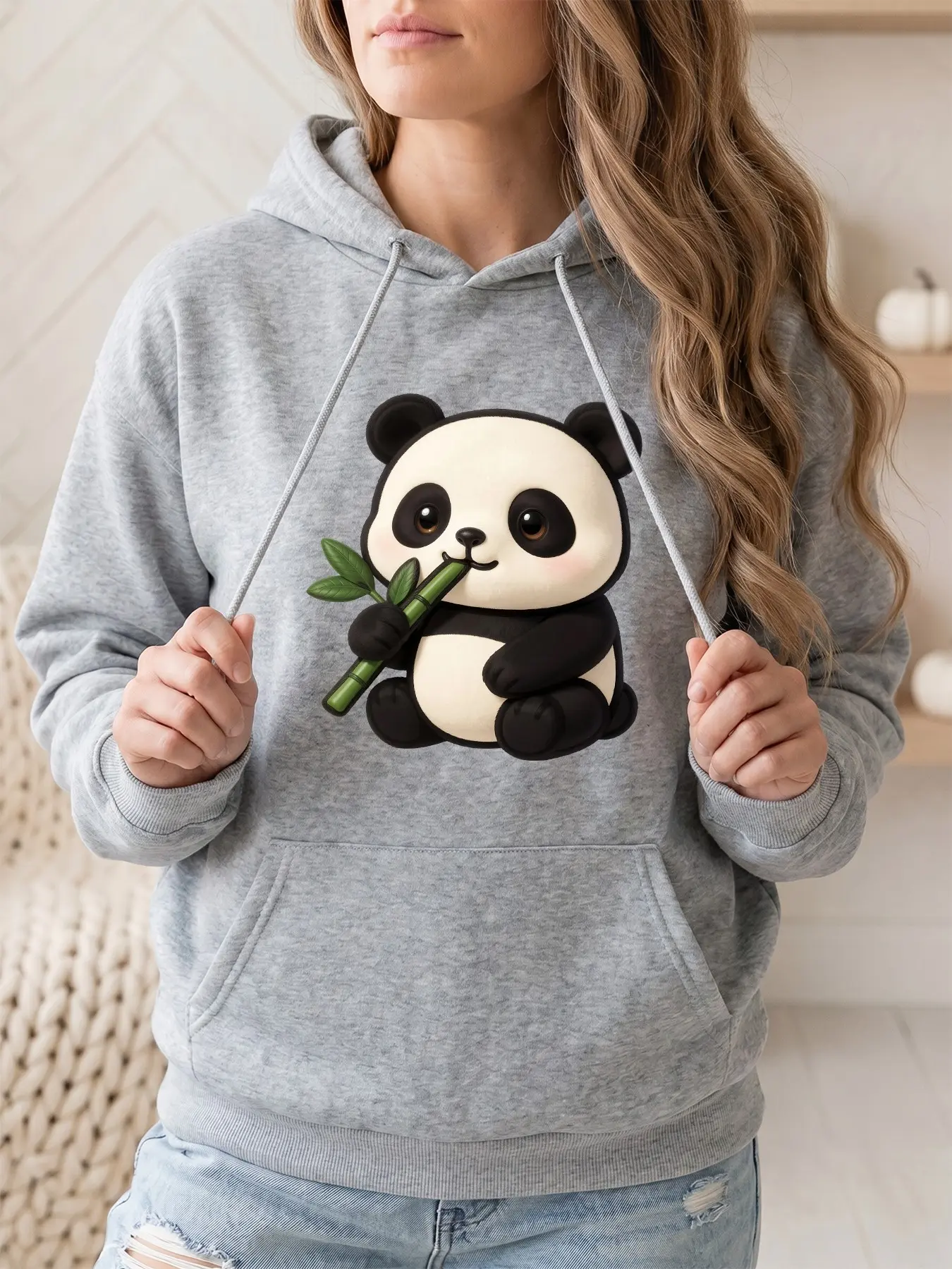 Women's fashionable hooded sweatshirt with cute animal panda eating bamboo leaf pattern print. Drawstring kangaroo pocket. Fall and winter casual sportswear sweatshirt. Suitable for casual parties and sports.