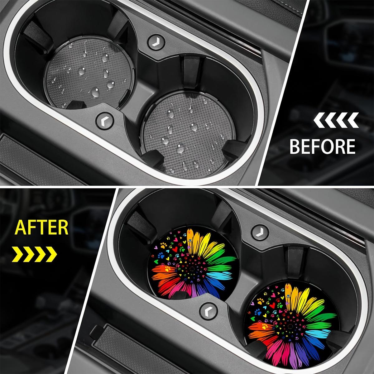 [Car Cup Coaster] 2pcs Colorful Sunflower Pattern Car Coaster, 2.755-inch Round Decorative Car Coaster, Home And Car Water Cup Mat, Beverage Mat, Men'S And Women'S Car Interior Accessories, Colorful Heart And Dog Claw Print Decorative Coaster
