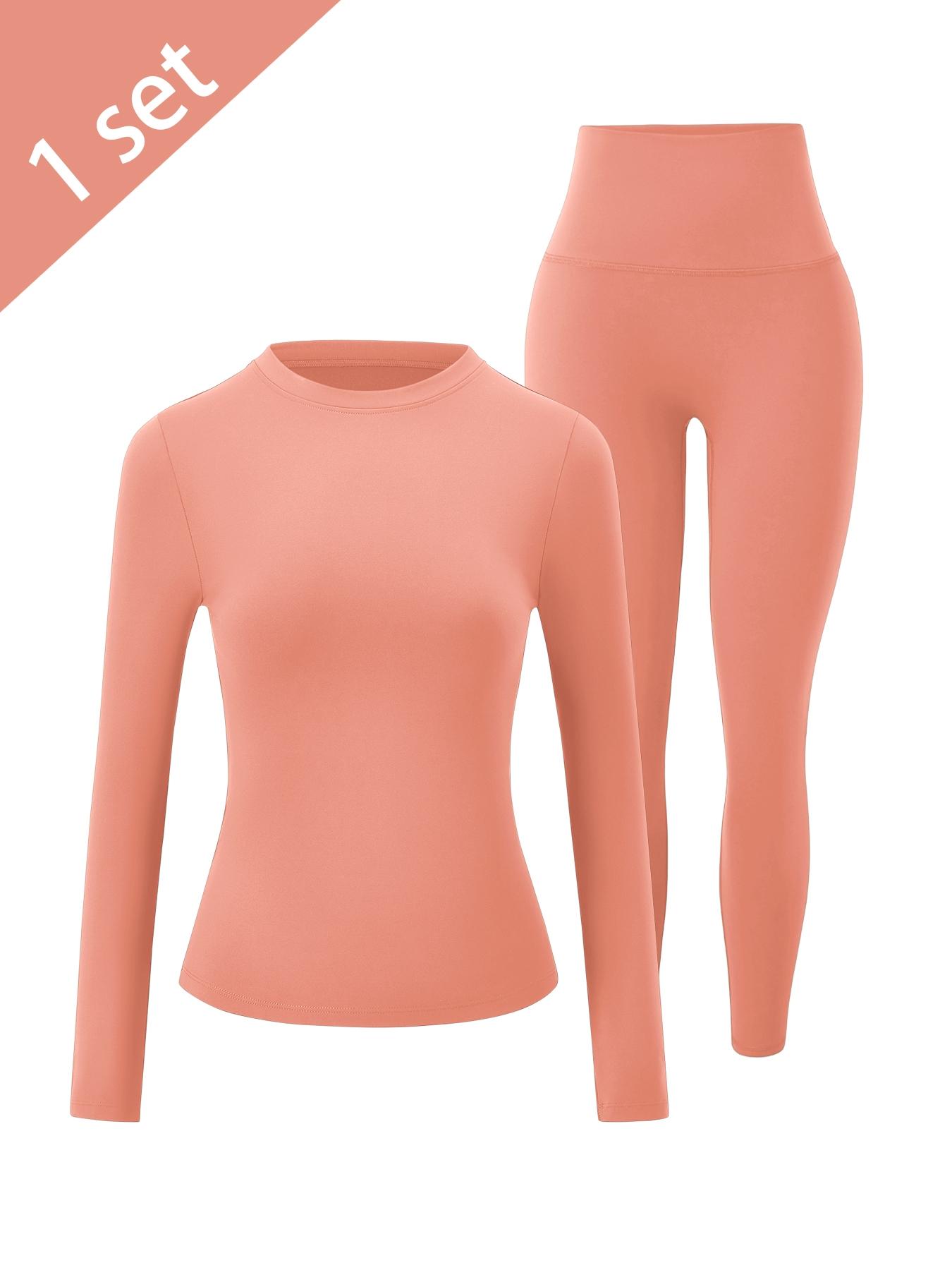 Women's Sporty, Solid Color Long Sleeve Tee & High Waist Skinny Pants, Comfortable Breathable Activewear for Yoga Gym Running, Sports Activewear Set