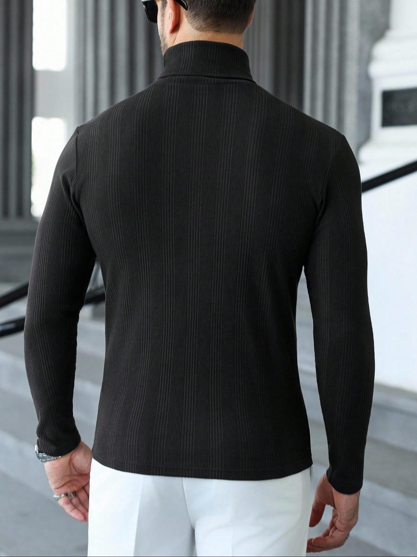 Men's Long Sleeve Knitted High Neck Pullover, Slim Fit Casual Solid Color Underwear, Perfect for Autumn Winter Street Style, Knitted Ribbed Turtleneck