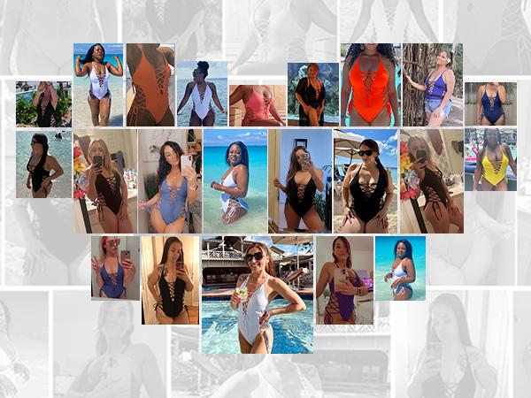 Tempt Me Women Sexy Lace Up One Piece Swimsuit Deep Plunge V Neck Bathing Suits Tummy Control Swimwear with Moderate Coverage Bottom Slimming Swimming Gear