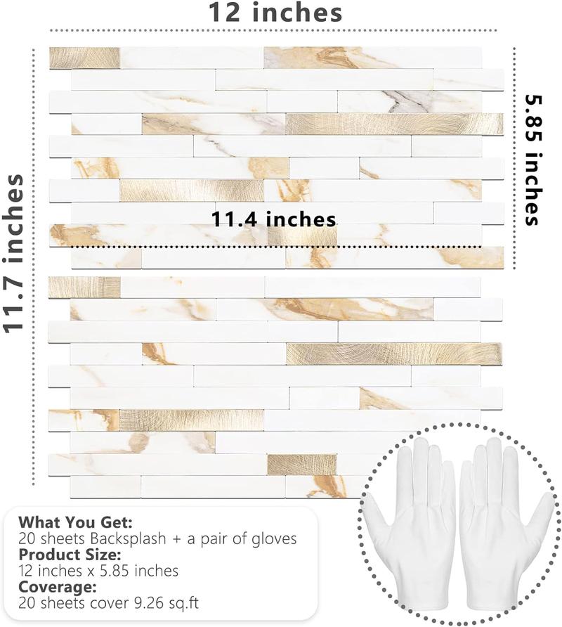 STICKGOO 20 Sheets Peel and Stick Backsplash Tile, Tile Stickers, Stick on Backsplash for Kitchen and Bathroom, Calacatta Gold Marble Look PVC Mixed Gold Self Adhesive Wall Tiles