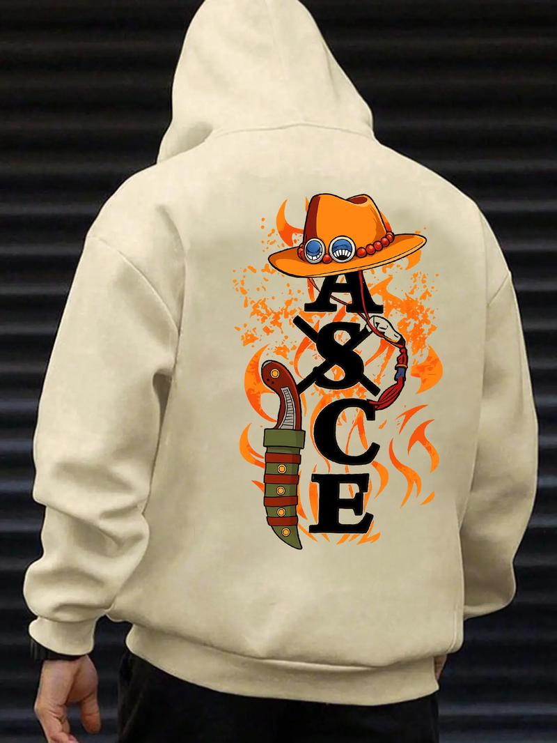 One Piece Anime Graphic Oversized Streetwear Hoodie for Men, Comfortable Casual Pullover with Flame Print for Otaku & Street Fashion Enthusiasts