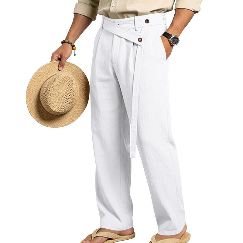 Men's 2026 Spring Summer Plain Linen-Cotton Fabric Wide Leg Trouser, Irregular Cross Buckle Waist, Loose Fit for Big-Tall Menswear, Ideal for Beach Vacation & Daily Commute (Polyester-Blended Option Available)