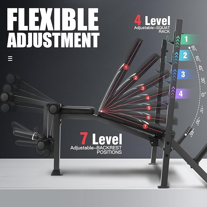 OPPSDECOR 600-900bls Adjustable Bench Press Weight Training Bench Set with Squat Rack and Leg Extension, Total Body Workout Folding Exercise Bench for Home Gym