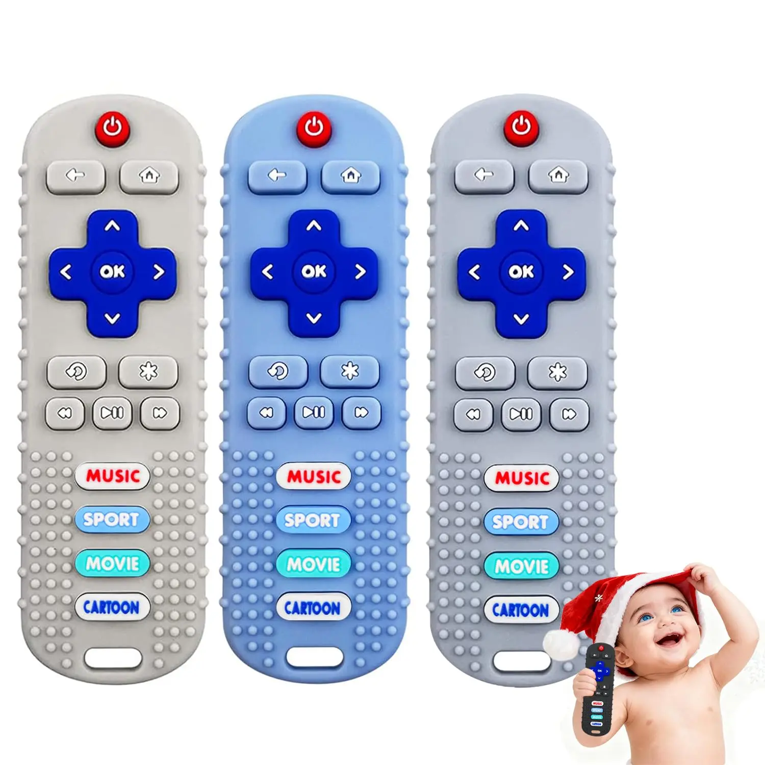 3-piece set, baby remote control-shaped silicone teething toys, suitable for babies and toddlers to chew on, baby remote control toys (blue, gray, and beige)
