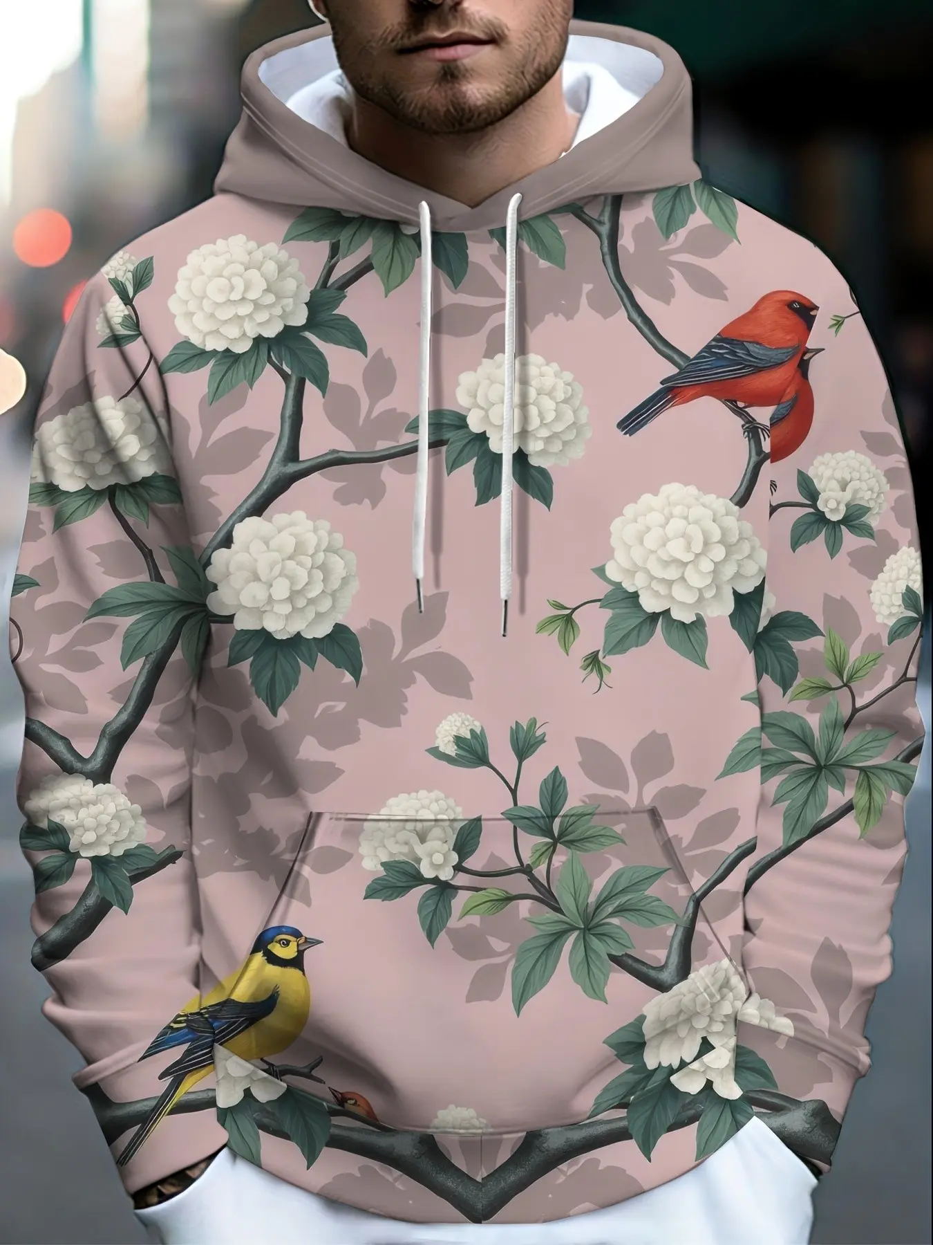 Men's Floral Bird Pattern Hooded Sweatshirt, Casual Loose-Fit Long Sleeve Pullover, 3D Print Fashion Top for Fall & Winter