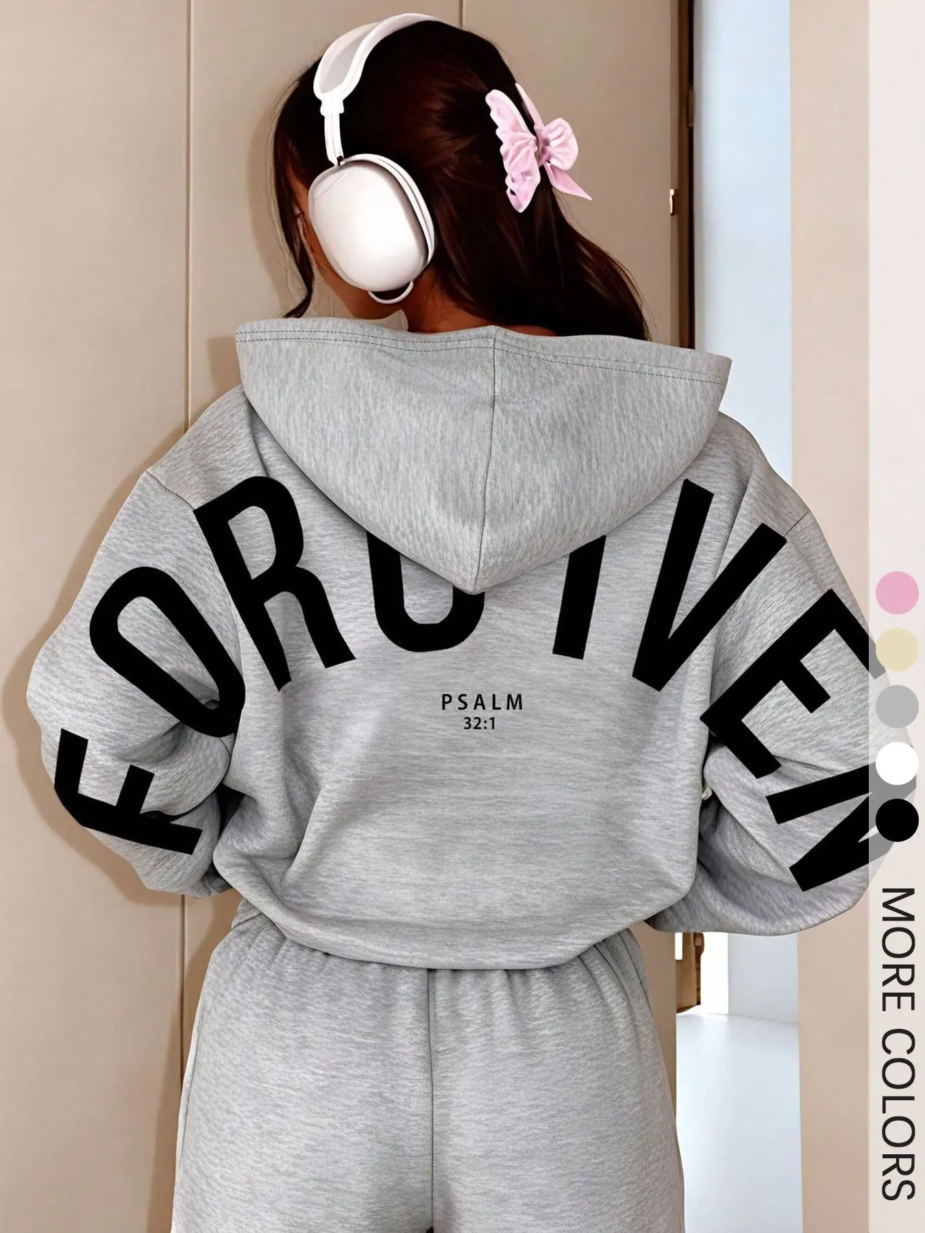 Women's Christian FORGIVEN Hoodie, Gray Oversized Pullover Top with Psalm 32:1 Back Print for Church, Streetwear and Inspirational Fashion, Letter Printed Pullover