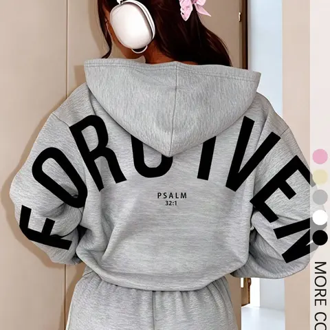 Women’s Christian FORGIVEN Hoodie, Gray Oversized Pullover Top with Psalm 32:1 Back Print for Church, Streetwear and Inspirational Fashion
