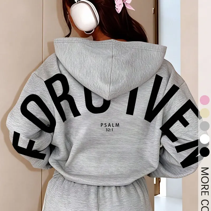 Women’s Christian FORGIVEN Hoodie, Gray Oversized Pullover Top with Psalm 32:1 Back Print for Church, Streetwear and Inspirational Fashion