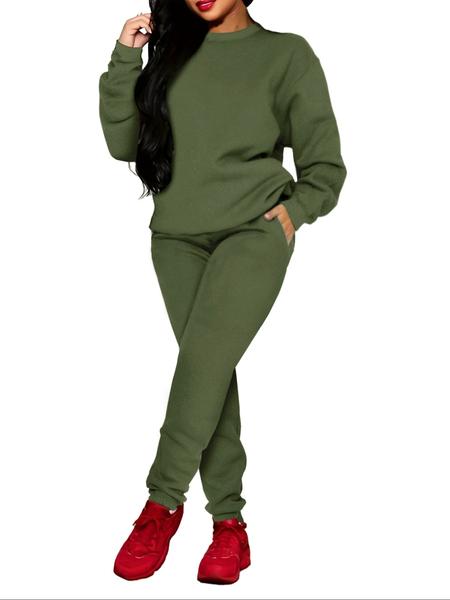 Women's Winter Casual Fitted Two-piece Set, Thick Warm Top & Pants for Home Wear, Simple Plain Design, Perfect for Cold Weather, Womenswear
