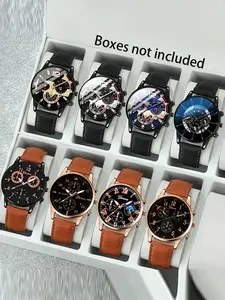 8-piece men's leather belt calendar quartz watch sports night light pointer quartz watch men's watch Quartz Watch Set