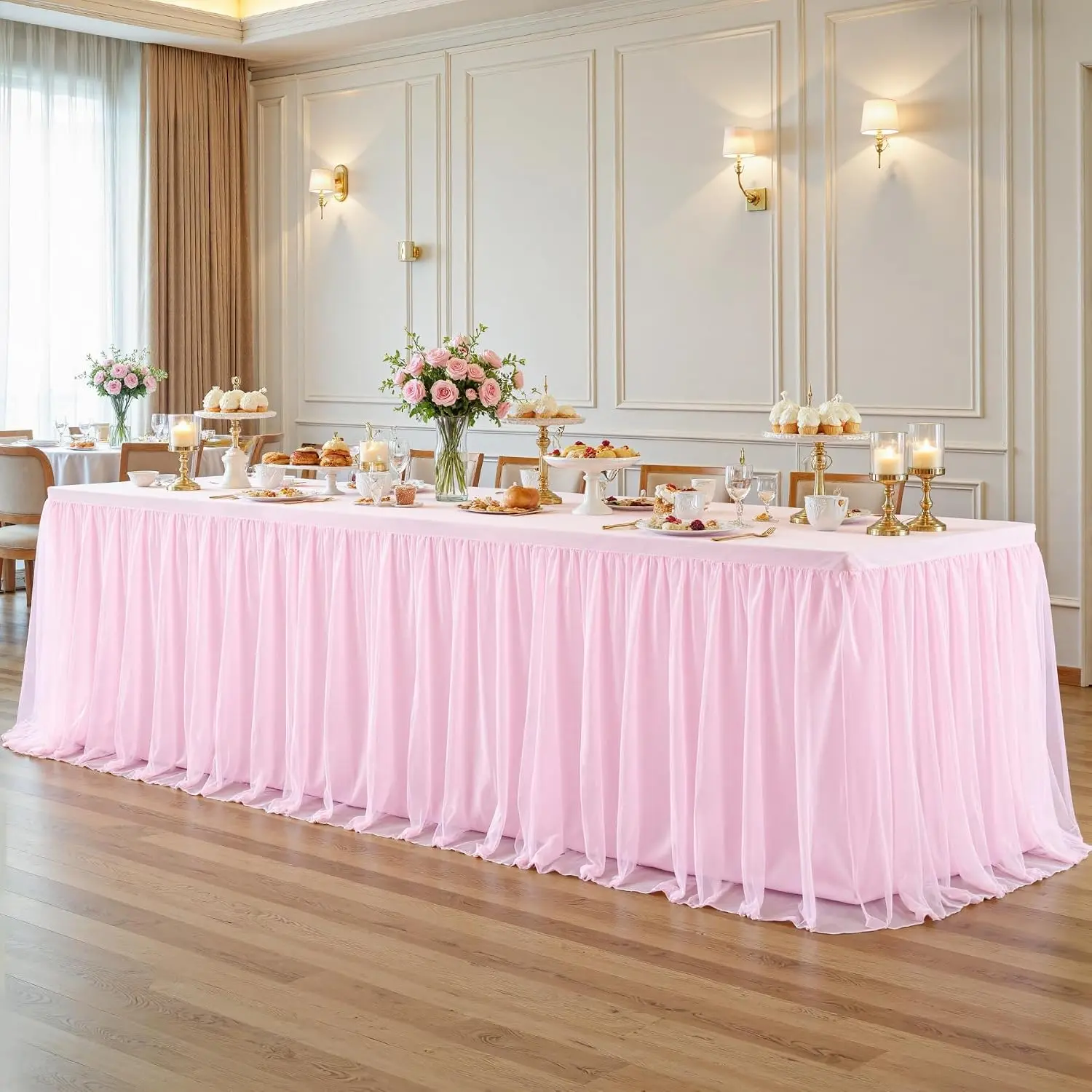 Pink Tablecloth for 8 Foot Rectangle Tables with Ruffle Tulle Table Skirt