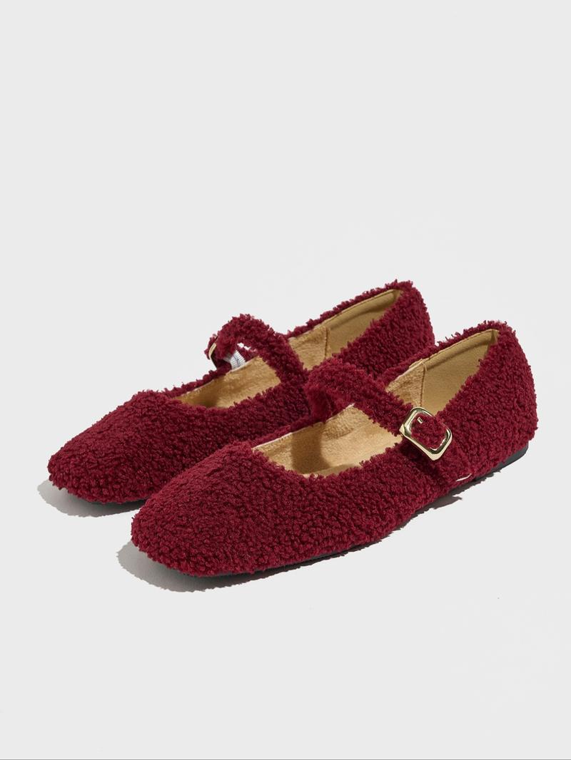 Women's Fashion Flat Square Toe Faux Fur Single Shoe, Retro Style, Comfortable Outdoor Maternity Shoes, Spring & Fall, Furry Shoes