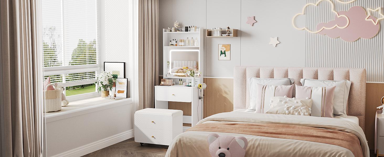 Vabches Make Up Vanity Desk with Mirror and Lights, White/Pink Vanity Table Set with Charger Station,Girls Small Vanity