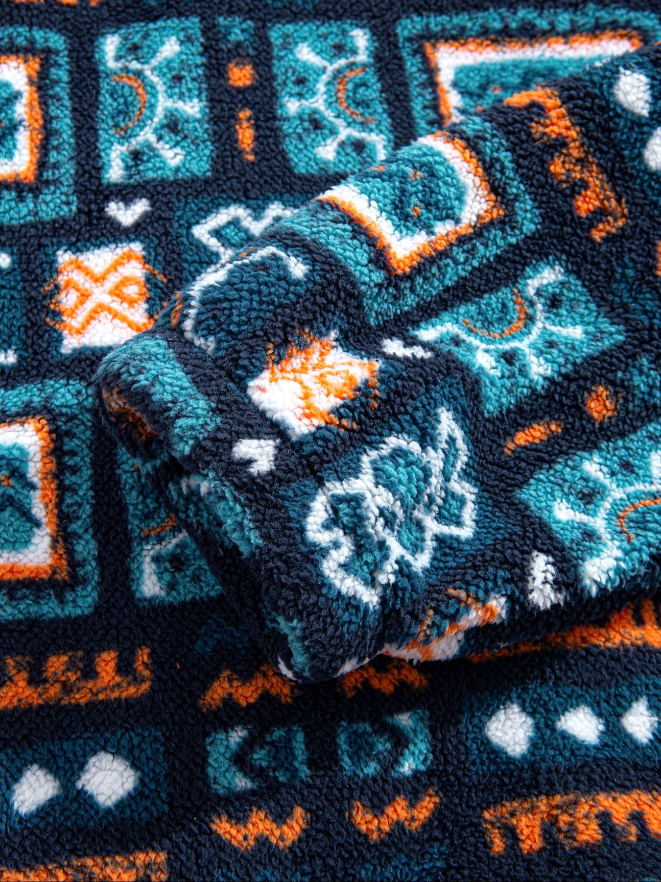 Men's Fleece Ethnic Style Sweatshirt, Tribal Totem Pattern, Casual Long Sleeve Zipper Pullover, Perfect for Layering & Outdoor Activities