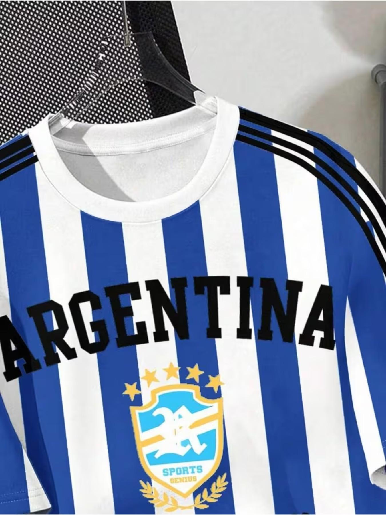 Men's Argentina Soccer Jersey T-Shirt, Lightweight Breathable Round Neck, Striped Design, Perfect for Football Fans
