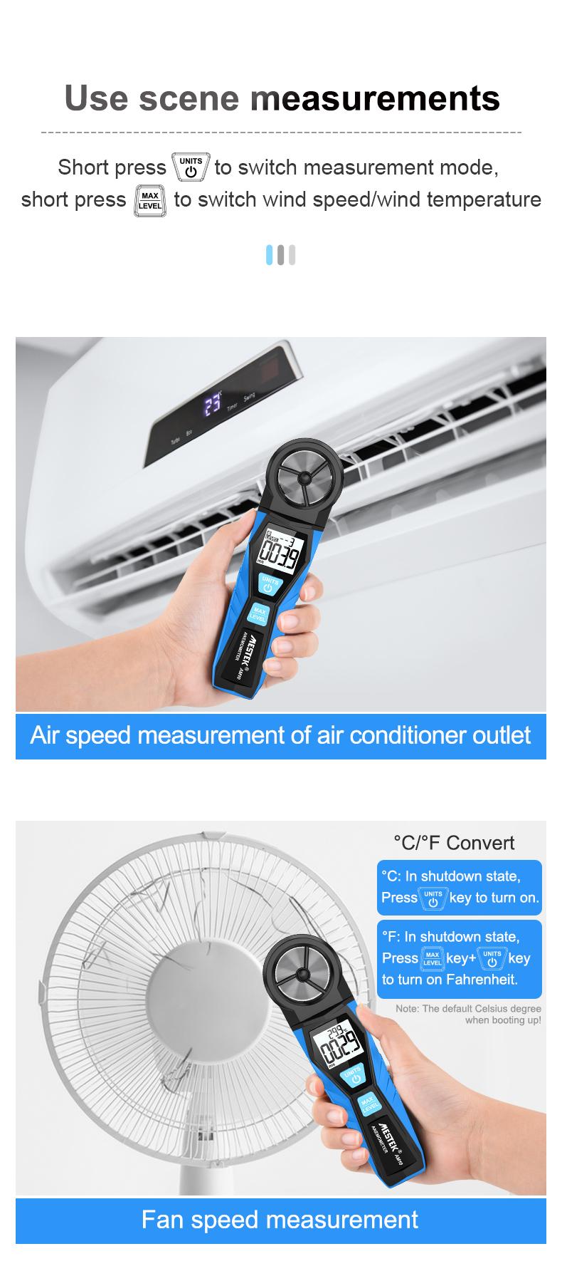 Mestek AM10 Digital Anemometer Wind Speed Gauge Meter Five Modes Rotate Wind Speed temperature measure 5 Unit m/s MPH FPM KNT KPH Wind Speed Meter